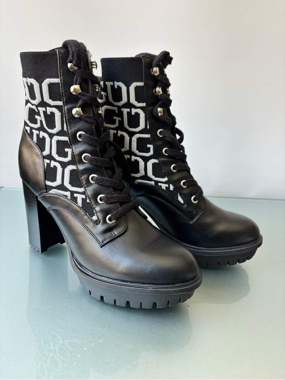 Guess Black Lace-Up Chunky Heel Ankle Boots - Designer Logo Knit